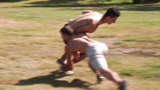 Brett and Ezra play a muscle hunk football